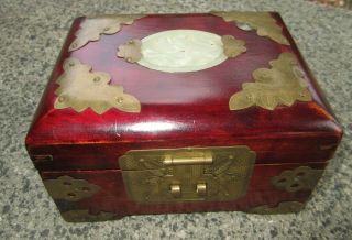 Vintage Cherry Wood Brass Chinese Jewelry Box With Carved Inlaid Jade Shanghai