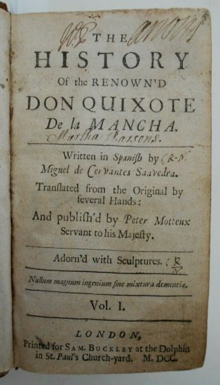 1700 Early Ed.  Cervantes History Of Don Quixote De La Mancha Vol.  1 - 2 Plates