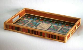 Vintage Pretty Tray Handmade Palestine Traditional Wood Floral Embroidery Glass