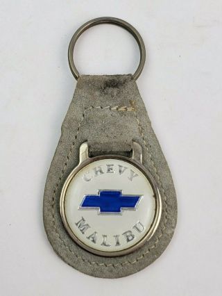 Vintage Chevy Malibu Leather Keychain Key Ring Fob Gray With White Face