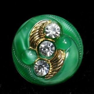 Antique Vtg Button Green Moonglow Glass W Gold & 3 Pastes 167