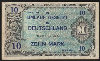 1944 10 Mark Germany Ally Occupation Old Vintage Money Banknote Ww2 Currency Vf