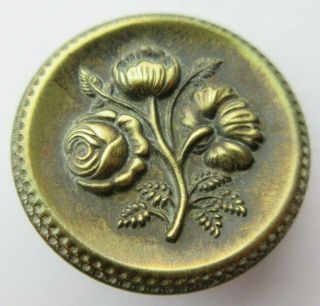 Pristine Antique Vtg Victorian Metal Picture Button W/ Ornate Flowers Rose (a)