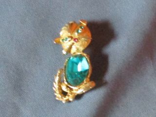 Vintage Gold - Tone Metal Pink & Blue Rhinestone Cat Kitty Pin Brooch