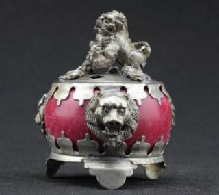 Decorated Vintage Handwork Jade Armored Carving Lion Incense Burner