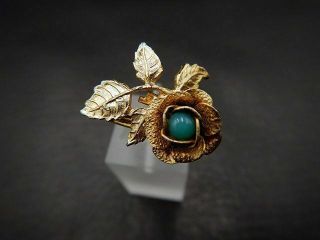 Vintage Ring Gold Tone Rose & Leaves W/ Round Faux Turquoise Bead Center