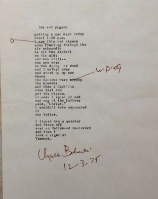 Charles Bukowski Manuscript Poem Titled " The Red Pigeon " Hand Signed & Dated