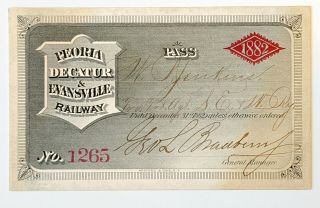 1882 Peoria,  Decatur & Evansville Railway Annual Pass W P Jenkins G L Bradbury