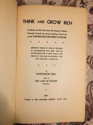 Think and Grow Rich By Napoleon Hill 1937 First Edition - Third Printing 3