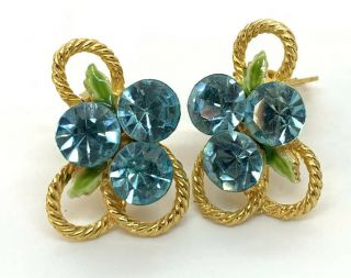 Vtg Gold Tone Blue Rhinestone Enamel Clip On Earrings