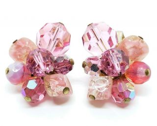 Vintage Signed Hattie Carnegie Pink Faceted Crystal Art Glass Cluster Earrings