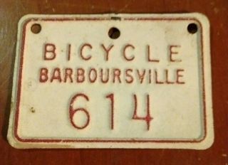 Vintage Bicycle License Plate Tag Barboursville Wv 614 Bike West Virginia