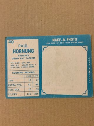 Green Bay Packers Paul Hornung Vintage 1961 Topps Football Card 40 HOF 2