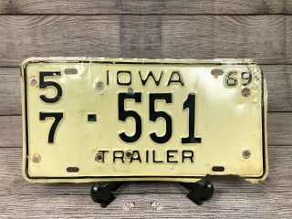 1969 Iowa Trailer License Plate 551,  57 Linn,  White Old Vintage Raised Embossed