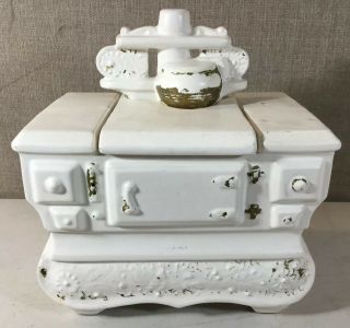 Vintage Mccoy Cook Stove Cookstove Ivory White Bronze Cold Painted Cookie Jar