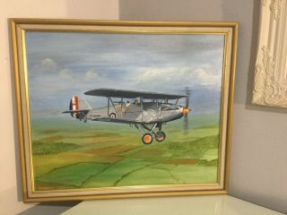 Vintage Raf Hawker Hart 57 Squadron Plane Oil Painting.  Framed And Signed