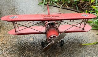 Vintage Red Baron Tin Metal Ww1 German Bi Plane Airplane Model 12” Wing Span