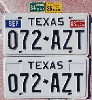 1983 - 1984 - 1985 Texas License Plates 072 - Azt - - - Pair