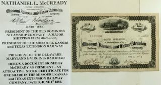 President Missouri Kansas Texas Extension Railway Stock Document Signed