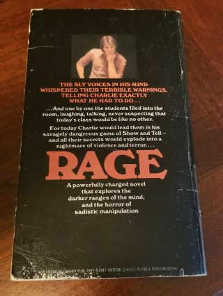 1977 Rage By Richard Bachman / Stephen King 1st Edition 1st Printing Oop Gc