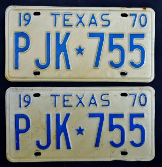 Vtg 1970 70 Pjk 755 Texas Car Auto License Plate Pair Matched Set Unrestored