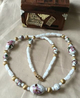 Vintage Chinese Cloisonné Enamel Bead Necklace Peony Flower Pink White Gold