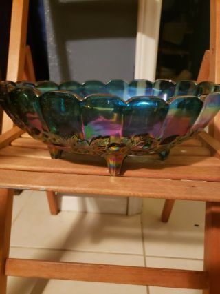 Vintage Indiana Carnival Glass Harvest Grapes Footed Fruit Bowl Large Oval Blue