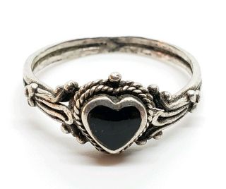 Vintage Signed " B " 925 Sterling Silver Brutalist Black Onyx Heart Size 8 Ring