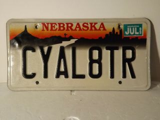 Nebraska Vanity License Plate - One - " C Y A L 8 T R "