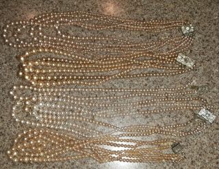 (5) Vintage Faux Pearl Bead Necklaces,  Sterling & Rhinestone Clasps