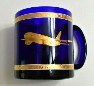United Airlines Boeing 777 History Coffee Mug Cobalt Blue & Gold Glass Cup