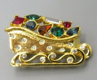 Vintage Jewelry Signed Monet Christmas Crystal Sleigh Brooch Pin Rhinestone Lotm