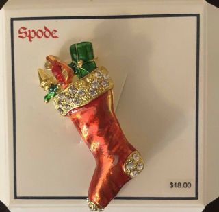 Vintage Spode Enamel And Crystal Rhinestone Christmas Stocking Brooch Pin