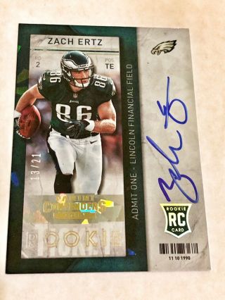 2013 Panini Contenders Rookie Cracked Ice Zach Ertz On Card Auto Rc 13/21 Eagles