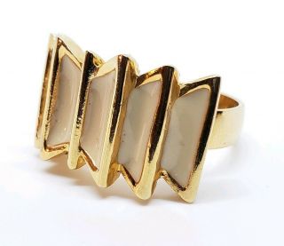 Elegant Vintage Signed Napier Gold Tone Ivory Enameled Modernist Cocktail Ring