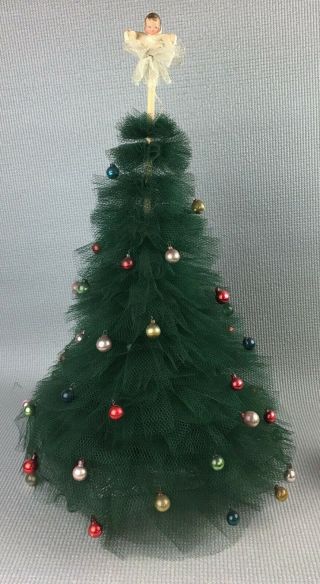 Vintage Tulle Christmas Tree Table Top W/glass Ornaments & Angel Tree Top
