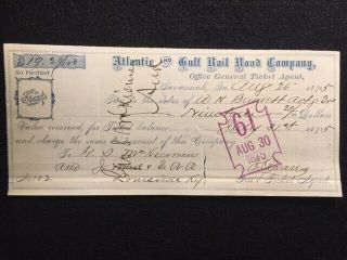 1875 Atlantic And Gulf Railroad Company Savannah,  Ga.  $19.  20 Bank Check