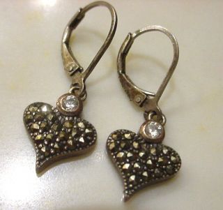 Vintage Sterling Silver 925 Dangle Earrings W Marcasites And Crystal