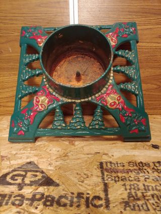 Vintage Cast Iron Christmas Tree Stand Painted Decorated Vintage Cast Iron Tree