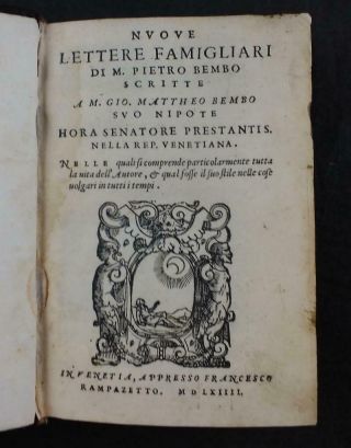 1564 Lettere Di Pietro Bembo Italian Literature Sansovino Rampazetto Venice Calf