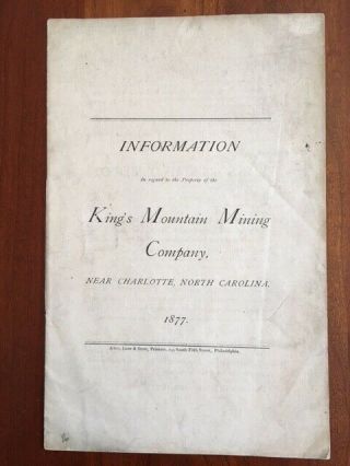 Very Rare 1877 Kings Mountain Mining Company Pamphlet,  Charlotte,  North Carolina