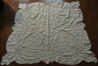 Vtg Cotton White Tablecloth Heavy Cut Work And Embroidery 50 " Sq Scallop Edge