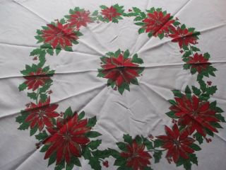 Vtg.  Christmas Table Cloth Round Poinsettias & Holly 68 " X 70 " Guc