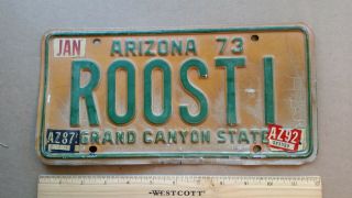 License Plate,  Arizona,  1973,  Vanity: Roost I,  I Roost,  Rooster,  Cf.  Urban
