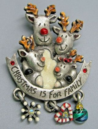 Vintage Jewelry Signed Ajmc Christmas Reindeer Family Brooch Pin Rhinestone Loth