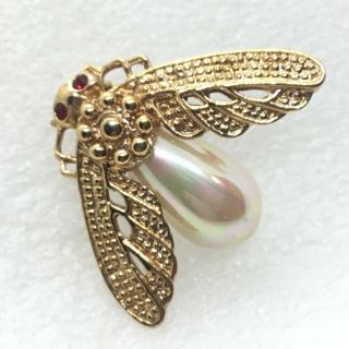 Signed Roman Vintage Moth Brooch Pin Faux Pearl Belly Red Rhinestone Jewelry