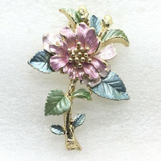 Vintage Flower Brooch Pin Pink Blue Green Enamel Gold Tone Costume Jewelry