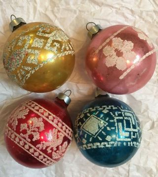 4 Vintage Blown Glass Christmas Tree Ornaments 2 3/8 " Stencil Blue Red Pink Gold