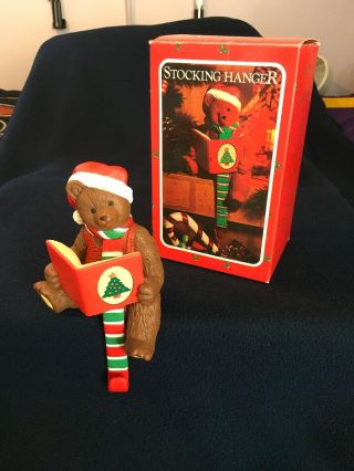 Vintage Christmas Bear With Book Ceramic Stocking Hanger