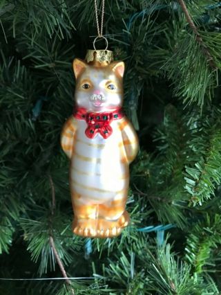 Vintage Glass Tabby Cat With Red Bow Christmas Ornament